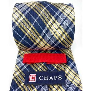 CHAPS Tie Navy & Light Blue Yellow Plaid Striped 100% Silk Hand Made Necktie 58"